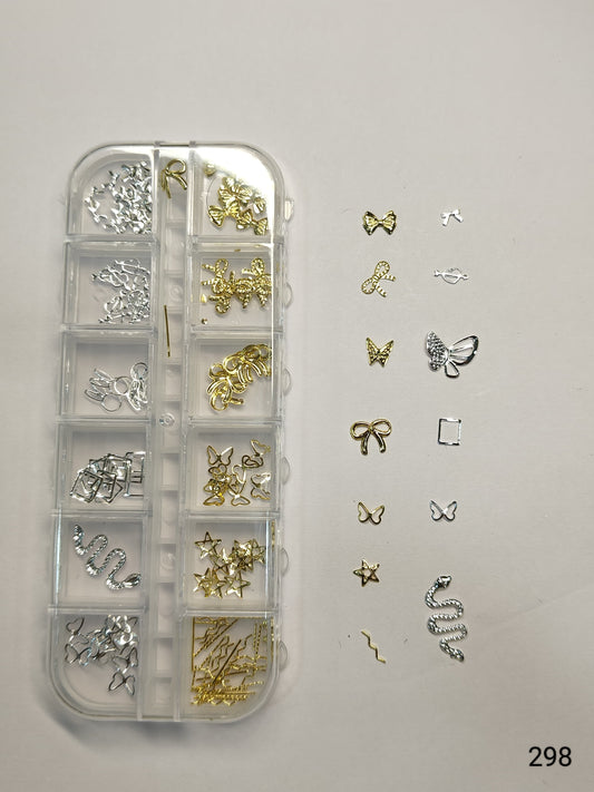 GV642 12 Grid Gold & Silver Nail Art Charms Set – 3D Metal Nail Decoration Box (298)