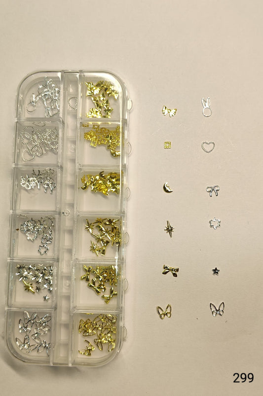 GV641  12 Grid Gold & Silver Nail Art Charms Set – 3D Metal Nail Decoration Box (299)
