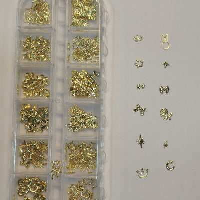 GV658 3D Gold Metallic Nail Art Decorations – Mixed Shapes Box (301 | Designs May Vary)