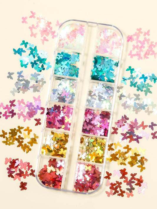 GV587 12 Colors Butterfly Nail Art Glitter Sequins Set – Holographic Nail Decorations for DIY Manicure & Crafts