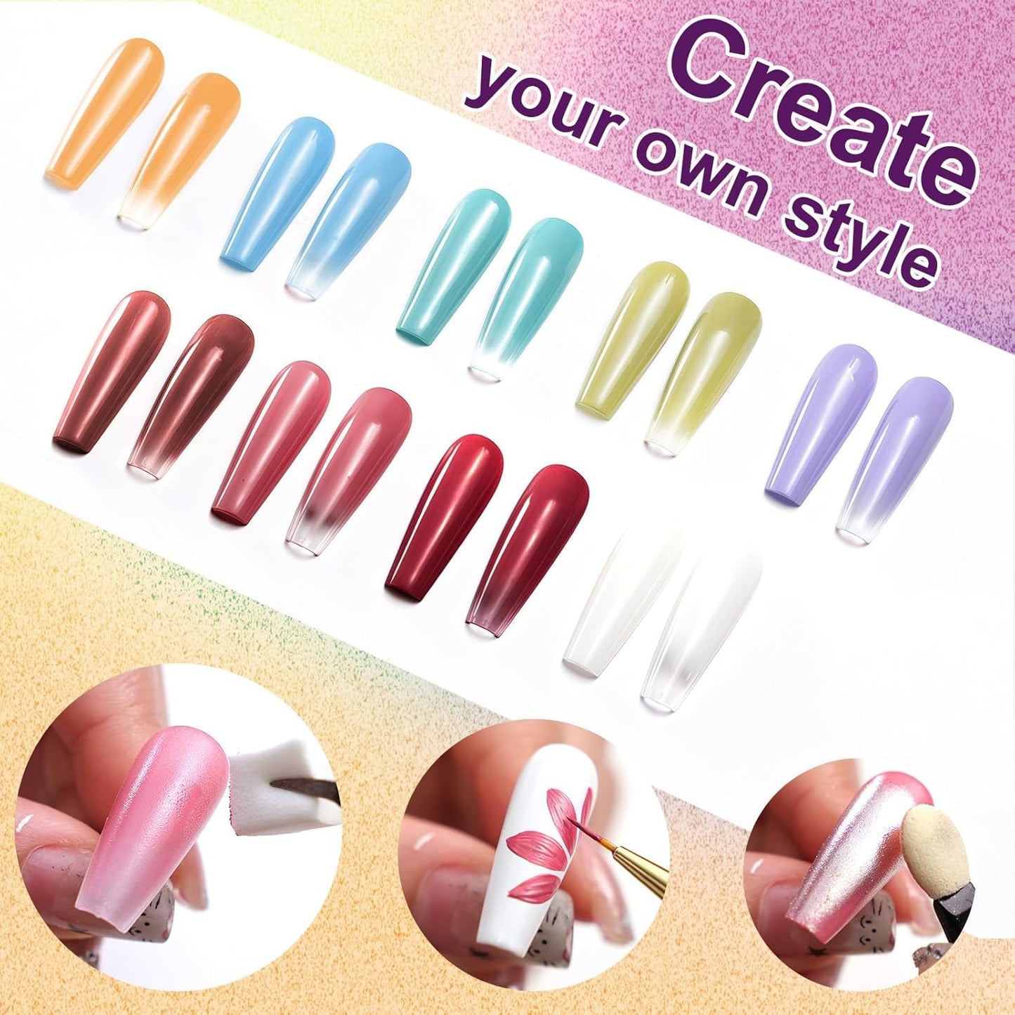 GV903 THR3E STROKES Ombre Gel Nail Polish with Nail Art Sponges for Pat Gel Ombre Color Palette Blush Effect Pat Painting Gradient Blooming Gels 9colors for Ombre Nails Multistyle French Manicure DIY