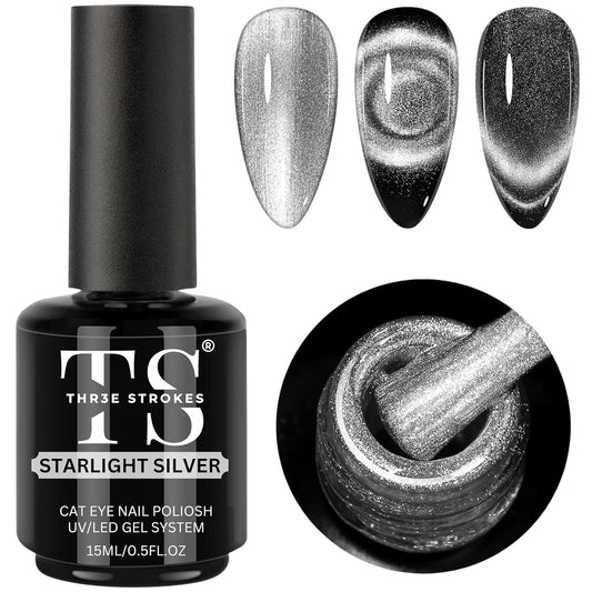 GV906 THR3E STROKES Cat Eye Gel Nail Polish 15Ml Gel Polish Soak Off U V Led Nail Lamp 1 Color Silver Shimmer Velvet Finish Gel Nail Polish Nail Art Manicure Salon Diy Home (Starlight Silver)