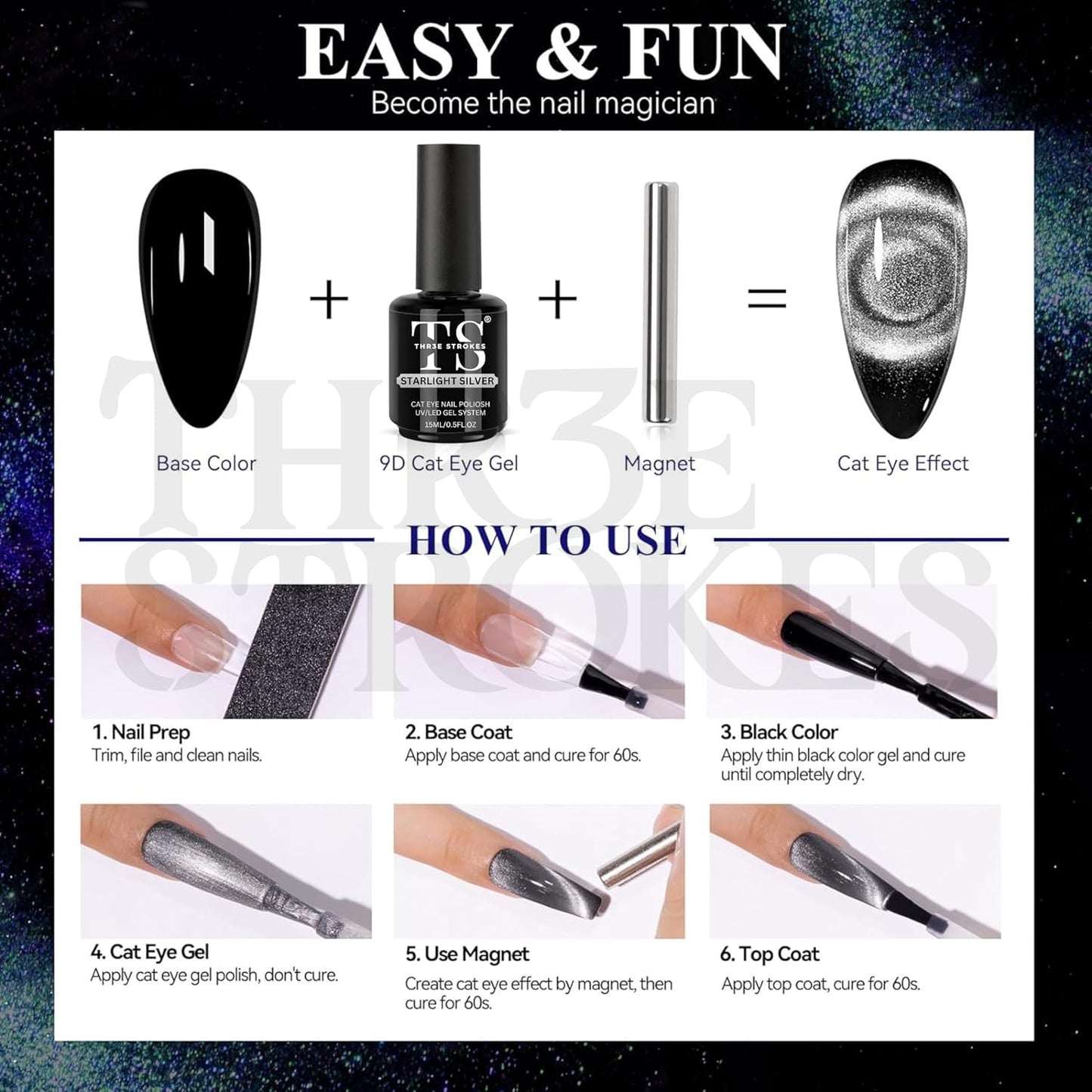 GV906 THR3E STROKES Cat Eye Gel Nail Polish 15Ml Gel Polish Soak Off U V Led Nail Lamp 1 Color Silver Shimmer Velvet Finish Gel Nail Polish Nail Art Manicure Salon Diy Home (Starlight Silver)