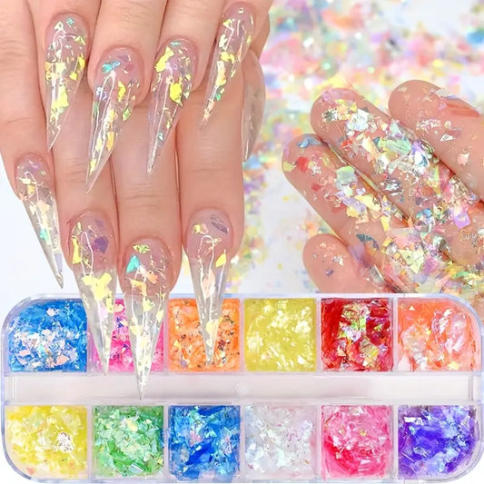 GV752 12 Grids Colorful Sparkling Sequin Nail Art Decoration Set – Aurora Thin Slice Nail Charms for Summer DIY Manicure & Pedicure