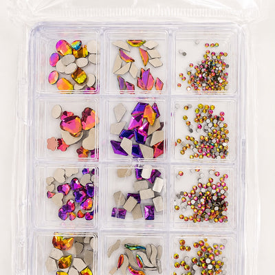 GV1141 Iridescent Crystal Nail Art Rhinestone Kit – Multi-Shape AB Gem Set with Grid Storage Organizer