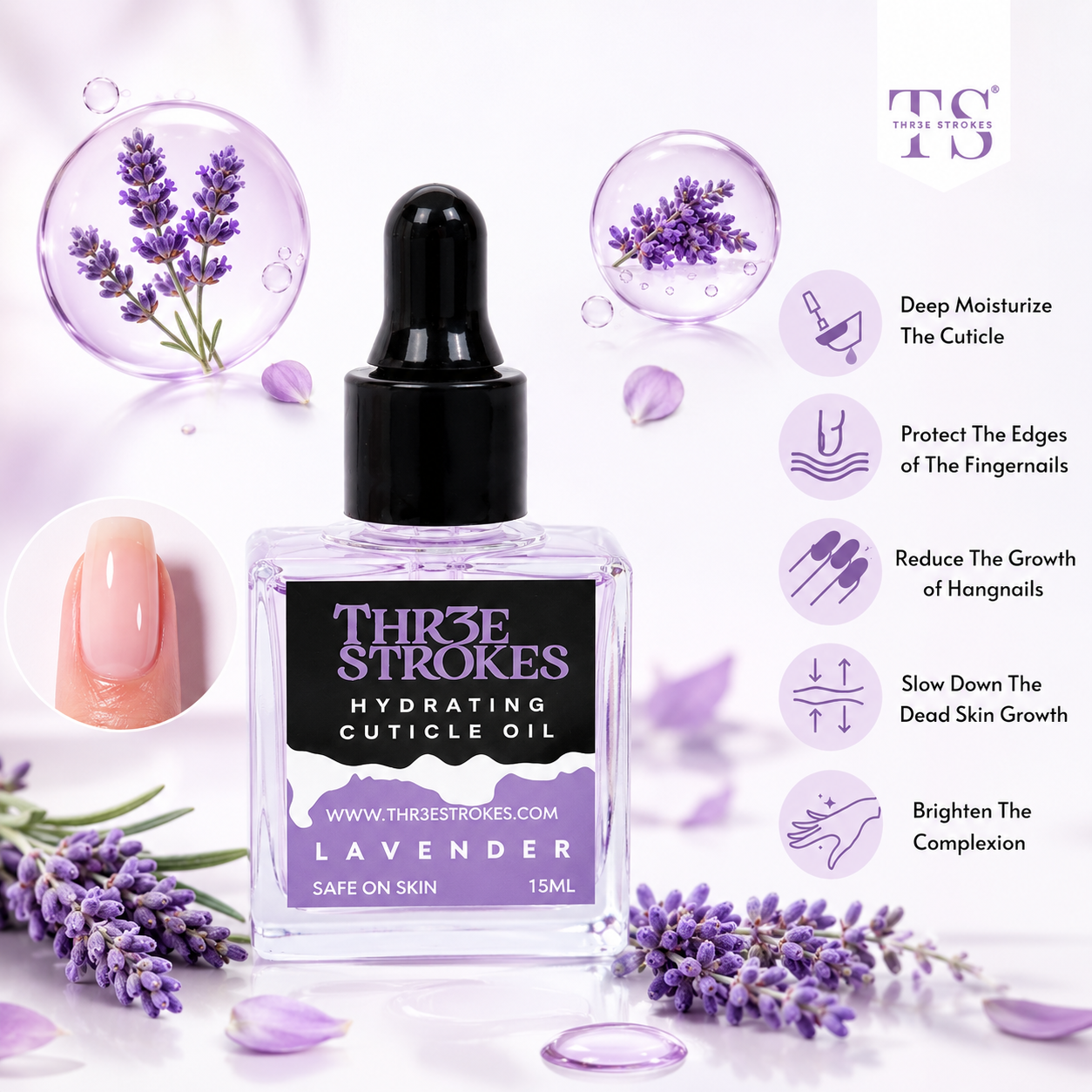 GV80 THR3E STROKES Naturale Revitalizing Cuticle Oil - Hydrating Oil For Repaired Cuticles Overnight - Remedy For Damaged Skin And Thin Nails - Paraben/Cruelty-Free Formula 15ML (LAVENDER)