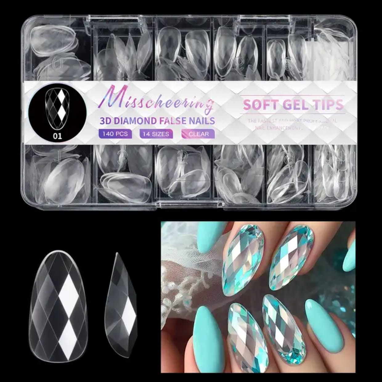 GV726 3D Diamond Shaped Polygel Nail, Extension Clear Full Cover False Nail Tips, Hybrid Gel Acrylic Nail