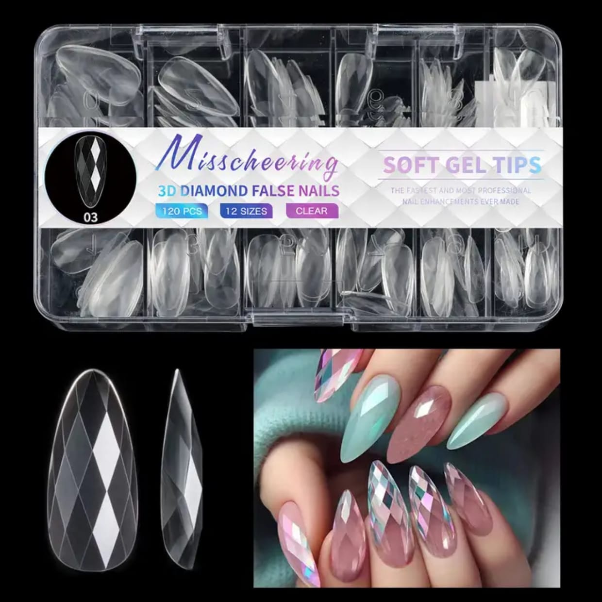 GV726 3D Diamond Shaped Polygel Nail, Extension Clear Full Cover False Nail Tips, Hybrid Gel Acrylic Nail