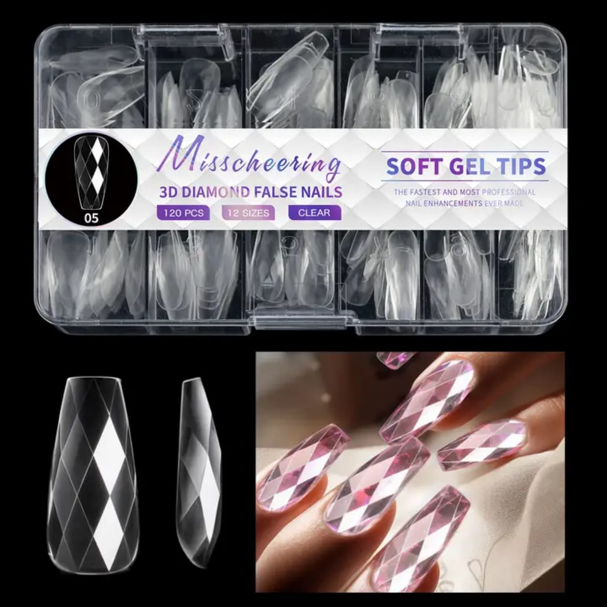 GV726 3D Diamond Shaped Polygel Nail, Extension Clear Full Cover False Nail Tips, Hybrid Gel Acrylic Nail