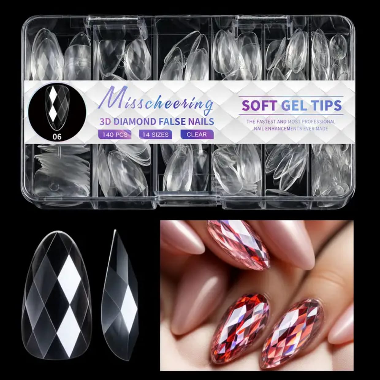 GV726 3D Diamond Shaped Polygel Nail, Extension Clear Full Cover False Nail Tips, Hybrid Gel Acrylic Nail