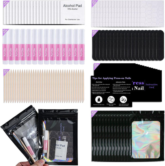 GV1003 INOG Disposable Nail Supplies Kits,Professional Manicure Press On Nail Tool Kit With Nail File,Adhesive Tabs,Nail Glue,Sticks, Prep Pads,Bags,Cards for Nail Business(Black-140pcs20set)
