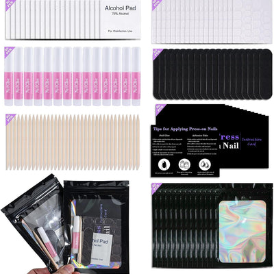 GV1003 INOG Disposable Nail Supplies Kits,Professional Manicure Press On Nail Tool Kit With Nail File,Adhesive Tabs,Nail Glue,Sticks, Prep Pads,Bags,Cards for Nail Business(Black-140pcs20set)