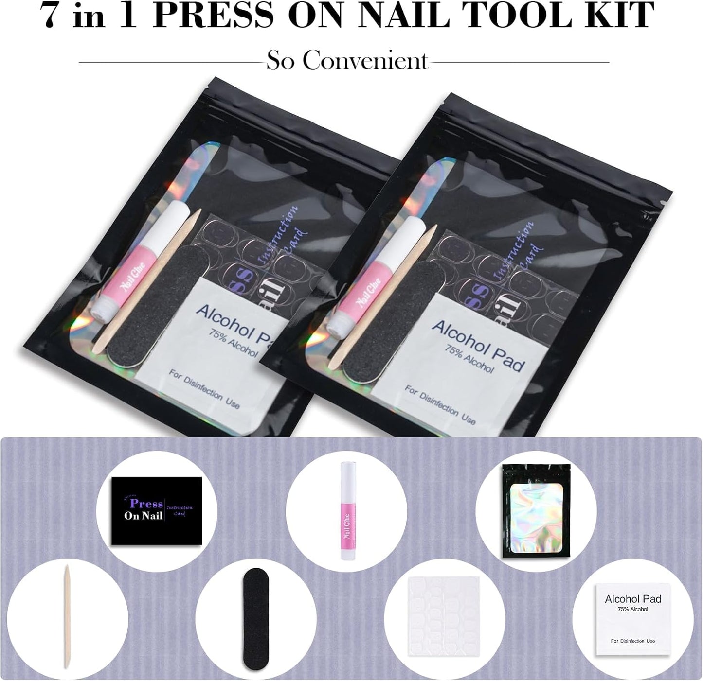 GV1003 INOG Disposable Nail Supplies Kits,Professional Manicure Press On Nail Tool Kit With Nail File,Adhesive Tabs,Nail Glue,Sticks, Prep Pads,Bags,Cards for Nail Business(Black-140pcs20set)