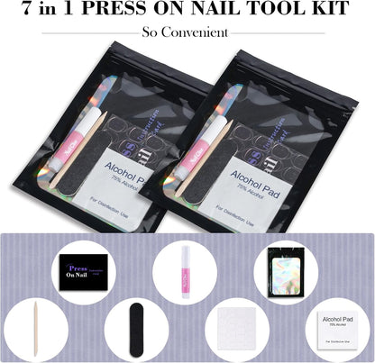 GV1003 INOG Disposable Nail Supplies Kits,Professional Manicure Press On Nail Tool Kit With Nail File,Adhesive Tabs,Nail Glue,Sticks, Prep Pads,Bags,Cards for Nail Business(Black-140pcs20set)