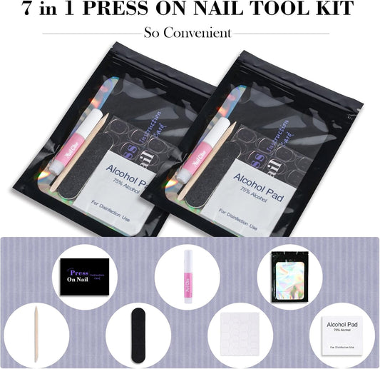 GV1003 INOG Disposable Nail Supplies Kits,Professional Manicure Press On Nail Tool Kit With Nail File,Adhesive Tabs,Nail Glue,Sticks, Prep Pads,Bags,Cards for Nail Business(Black-140pcs20set)