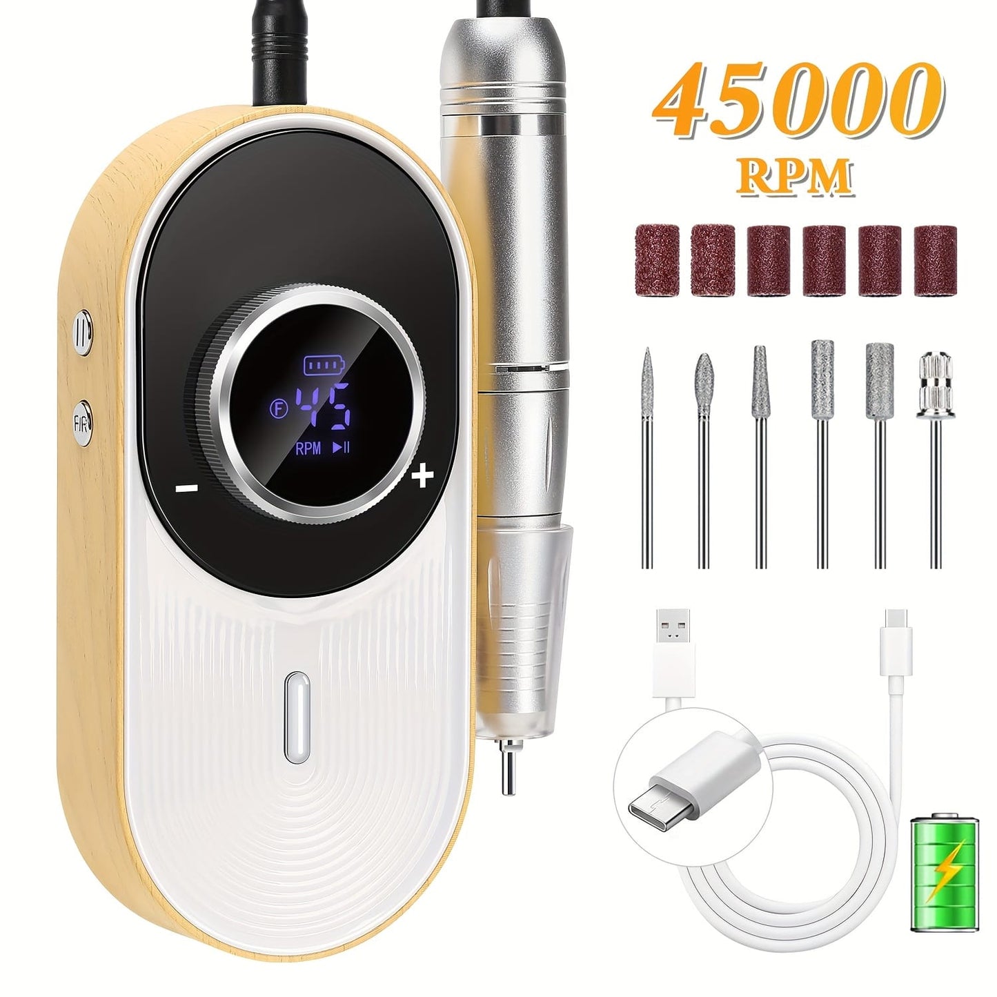 GV1097 Professional Electric Nail Drill Machine 45000 RPM – Portable Rechargeable Nail File Kit with LCD Display, E-File for Acrylic, Gel Nails & Manicure Pedicure