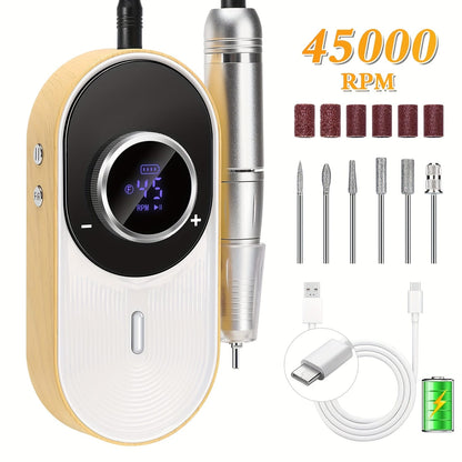 GV1097 Professional Electric Nail Drill Machine 45000 RPM – Portable Rechargeable Nail File Kit with LCD Display, E-File for Acrylic, Gel Nails & Manicure Pedicure