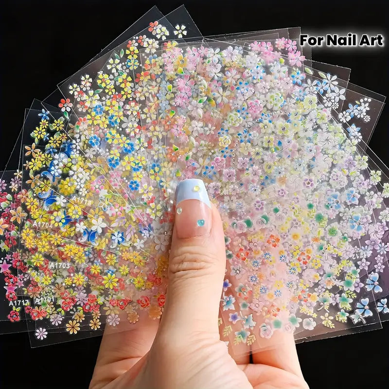 GV767 30-Pack 3D Holographic Flower Nail Art Stickers – Shimmery Glitter Floral Design Self-Adhesive Decals for DIY Manicure & Nail Decoration