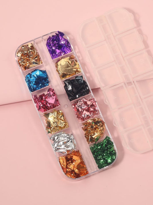 GV585 12 Colors Nail Art Foil Flakes Set – Metallic Nail Decoration for DIY Manicure & Crafts