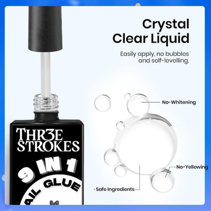 GV895 THR3E STROKES Gel Polish 9 In 1 Gel Nail Glue for Clear Acrylic Nail Tips 15ml Long Lasting Nail Kit for False Nails Tips, Base Blooming Nail, Christmas Nail Art, U V Light Required (THICK FORMULA)