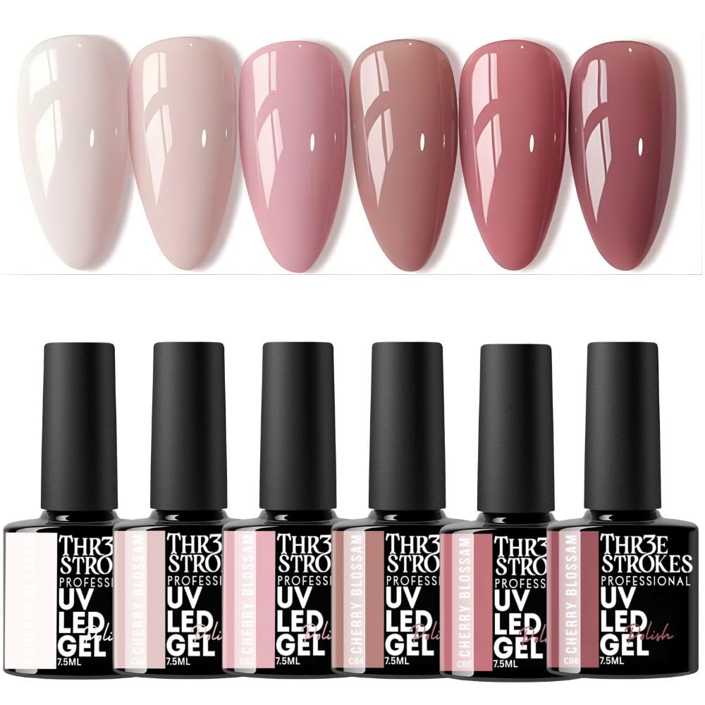 GV894 THR3E STROKES Gel Nail Polish Set - 6 Colors Milky Taro Series (7.5ml) - Nude Pink, Mauve, & Rose Neutral Shades - Glossy Finish Soak Off UV/LED Curing Nail Art Manicure Kit for Home & Salon (CHERRY BLOSSAM)