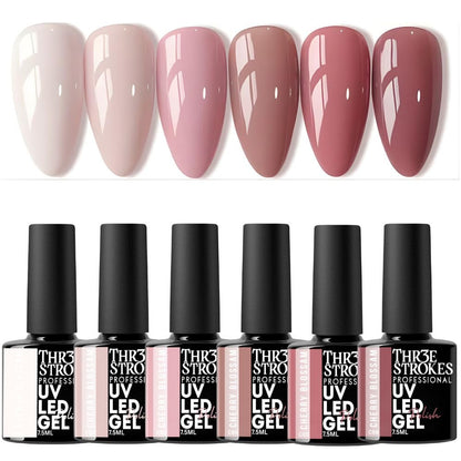 GV894 THR3E STROKES Gel Nail Polish Set - 6 Colors Milky Taro Series (7.5ml) - Nude Pink, Mauve, & Rose Neutral Shades - Glossy Finish Soak Off UV/LED Curing Nail Art Manicure Kit for Home & Salon (CHERRY BLOSSAM)