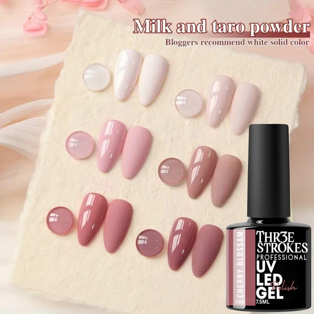 GV894 THR3E STROKES Gel Nail Polish Set - 6 Colors Milky Taro Series (7.5ml) - Nude Pink, Mauve, & Rose Neutral Shades - Glossy Finish Soak Off UV/LED Curing Nail Art Manicure Kit for Home & Salon (CHERRY BLOSSAM)