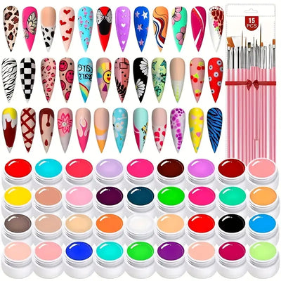 GV754 36 Colors Nail Art Gel Paint Kit – Professional Colored Nail Gel Set with 15pcs Painting Brushes for Manicure Design