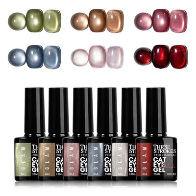 GV940 THR3E STROKES Glam Set - 6 Color Cat Eye Gel Polish Kit (7.5ml Each), 9D Magnetic Nail Polish Set for Galaxy & Velvet Effects, UV/LED Soak Off Sparkle Glitter Gel, Professional Nail Art Manicure Set (GLAM)
