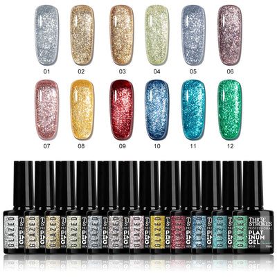 GV937 THR3E STROKES Glazed Platinum Glitter Gel Nail Polish | Super Shiny & Reflective | Professional Grade Nail Art Varnish | 12 Dazzling Colors | 7.5ml