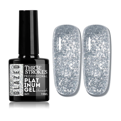 GV937 THR3E STROKES Glazed Platinum Glitter Gel Nail Polish | Super Shiny & Reflective | Professional Grade Nail Art Varnish | 12 Dazzling Colors | 7.5ml