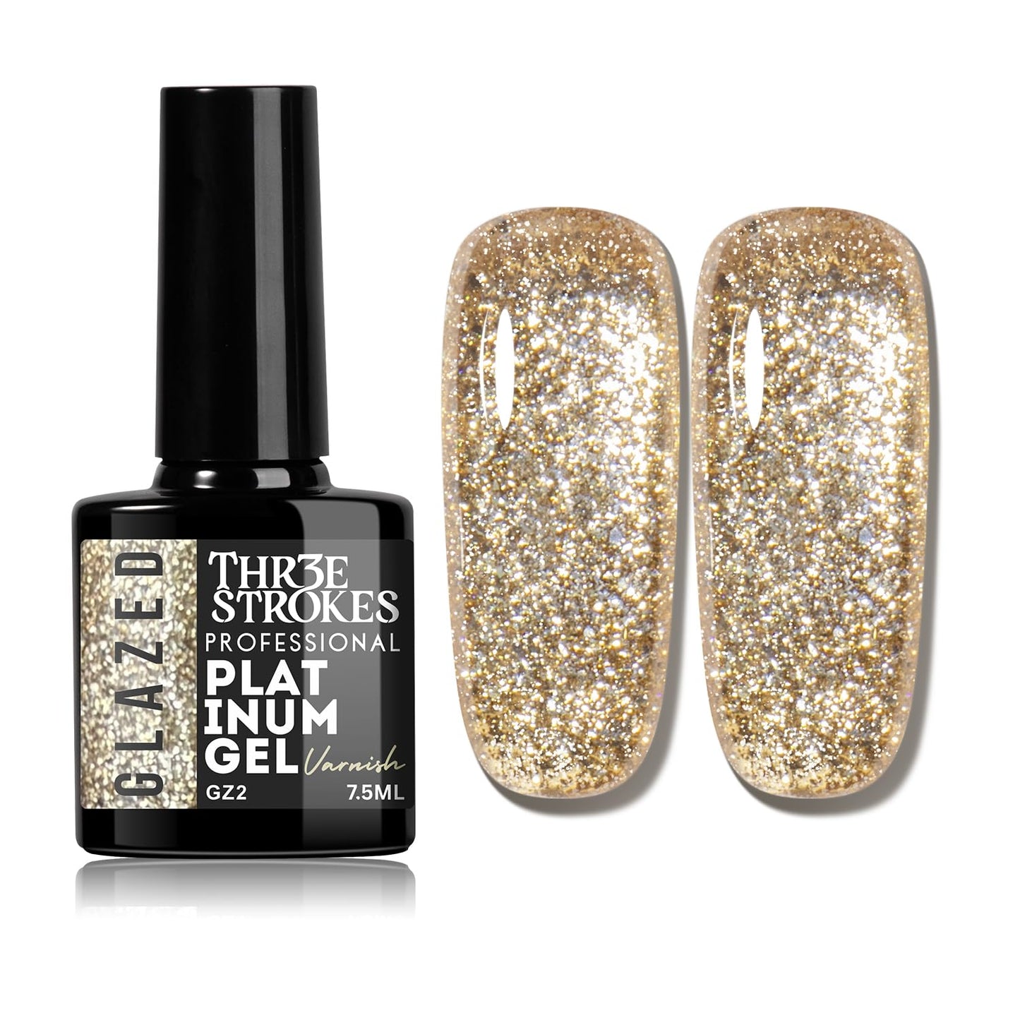 GV937 THR3E STROKES Glazed Platinum Glitter Gel Nail Polish | Super Shiny & Reflective | Professional Grade Nail Art Varnish | 12 Dazzling Colors | 7.5ml