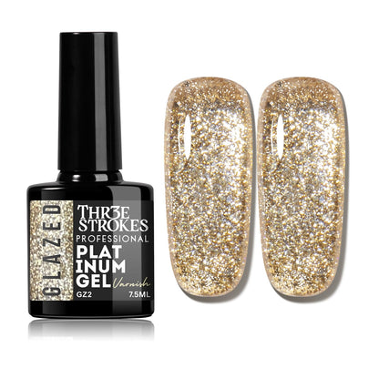 GV937 THR3E STROKES Glazed Platinum Glitter Gel Nail Polish | Super Shiny & Reflective | Professional Grade Nail Art Varnish | 12 Dazzling Colors | 7.5ml