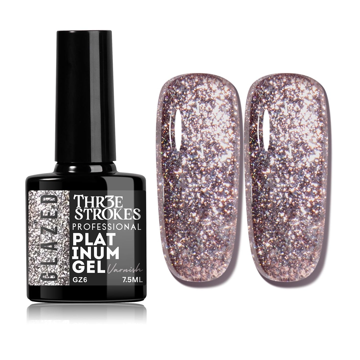 GV937 THR3E STROKES Glazed Platinum Glitter Gel Nail Polish | Super Shiny & Reflective | Professional Grade Nail Art Varnish | 12 Dazzling Colors | 7.5ml