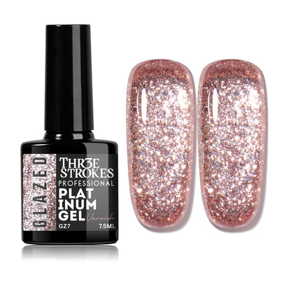 GV937 THR3E STROKES Glazed Platinum Glitter Gel Nail Polish | Super Shiny & Reflective | Professional Grade Nail Art Varnish | 12 Dazzling Colors | 7.5ml