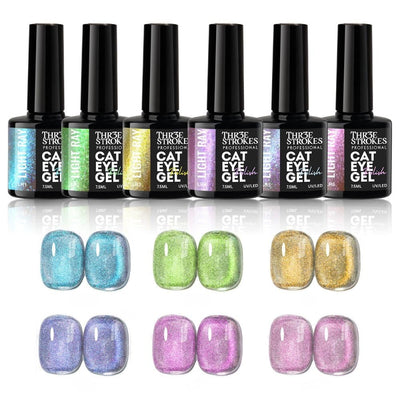 GV935 THR3E STROKES Glitter Set - 6 Color Cat Eye Gel Nail Polish Set with Magnet Colorful Galaxy for Holographic Cat Eye, Salon Gel Manicure and Nail Art DIY at Home (LIGHT RAY)