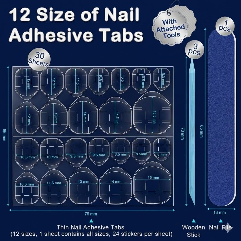 GV905 TS 720Pcs Nail Adhesive Tabs Double Sided Glue Stickers for Press on Nails - Waterproof Jelly Sticky False Nail Tips - Breathable Transparent Manicure Glue Sheets (30 Pack + 3 Orange Stick + 1FILLER)
