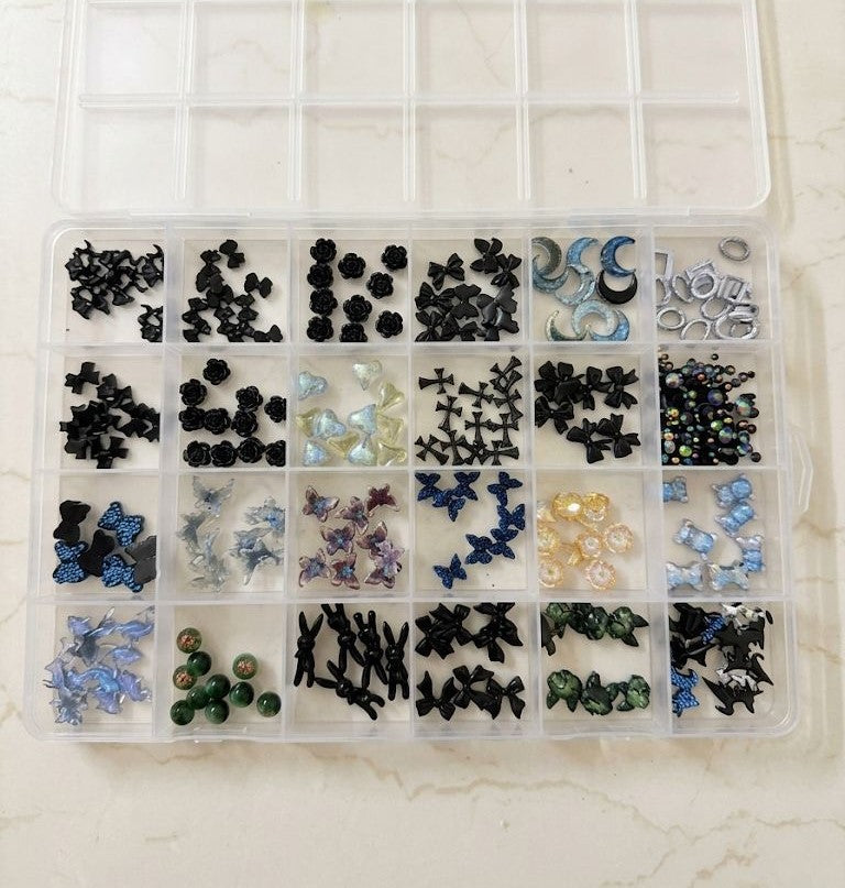 GV1102 THR3E STROKES Gothic 3D Nail Charms Set – Black Bows, Roses, Butterflies, Moons, Hearts & Mixed Nail Art Decorations for Acrylic & Gel Nails