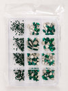 GV1142 Emerald Green Crystal Nail Art Rhinestone Kit – Multi-Shape Gem Assortment with Grid Organizer