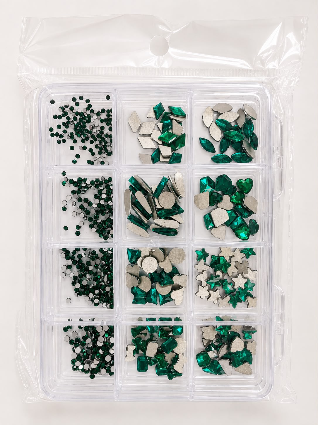 GV1142 Emerald Green Crystal Nail Art Rhinestone Kit – Multi-Shape Gem Assortment with Grid Organizer