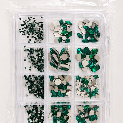 GV1142 Emerald Green Crystal Nail Art Rhinestone Kit – Multi-Shape Gem Assortment with Grid Organizer