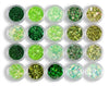 GV1092 Green Glitter Nail Art Sequins Set – Mixed Size Holographic Glitter Flakes for Acrylic, Gel, Resin & DIY Nail Decorations (20 Pots)