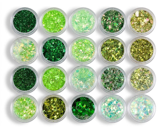 GV1092 Green Glitter Nail Art Sequins Set – Mixed Size Holographic Glitter Flakes for Acrylic, Gel, Resin & DIY Nail Decorations (20 Pots)