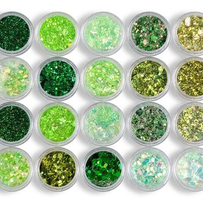 GV1092 Green Glitter Nail Art Sequins Set – Mixed Size Holographic Glitter Flakes for Acrylic, Gel, Resin & DIY Nail Decorations (20 Pots)