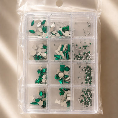 GV1143 Luxury Emerald Green Nail Art Crystal Kit – Multi-Shape Flatback Gem Set with Storage Grid