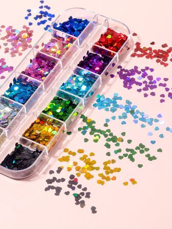 GV586 12 Colors Heart-Shaped Nail Art Glitter Sequins Set – Holographic Nail Decorations for DIY Manicure & Crafts