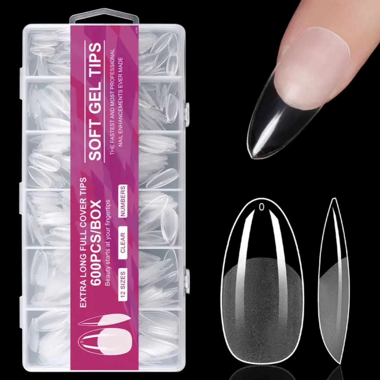 GV914 600pcs Soft Gel Nail Tips – Extra Long Full Cover Clear Nail Extensions, Pre-Shaped False Nails for Gel/Polygel/Acrylic (12 Sizes Box)