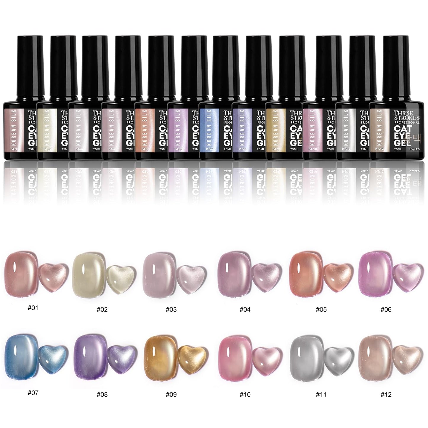 GV904 THR3E STROKES Korean Silk Cat Eye Gel Polish Set - 12 Colors (7.5ml) - Magnetic Velvet Shimmer Effect - UV/LED Soak Off Nail Art Manicure Kit (KS01-KS12) (KOREAN SILK)