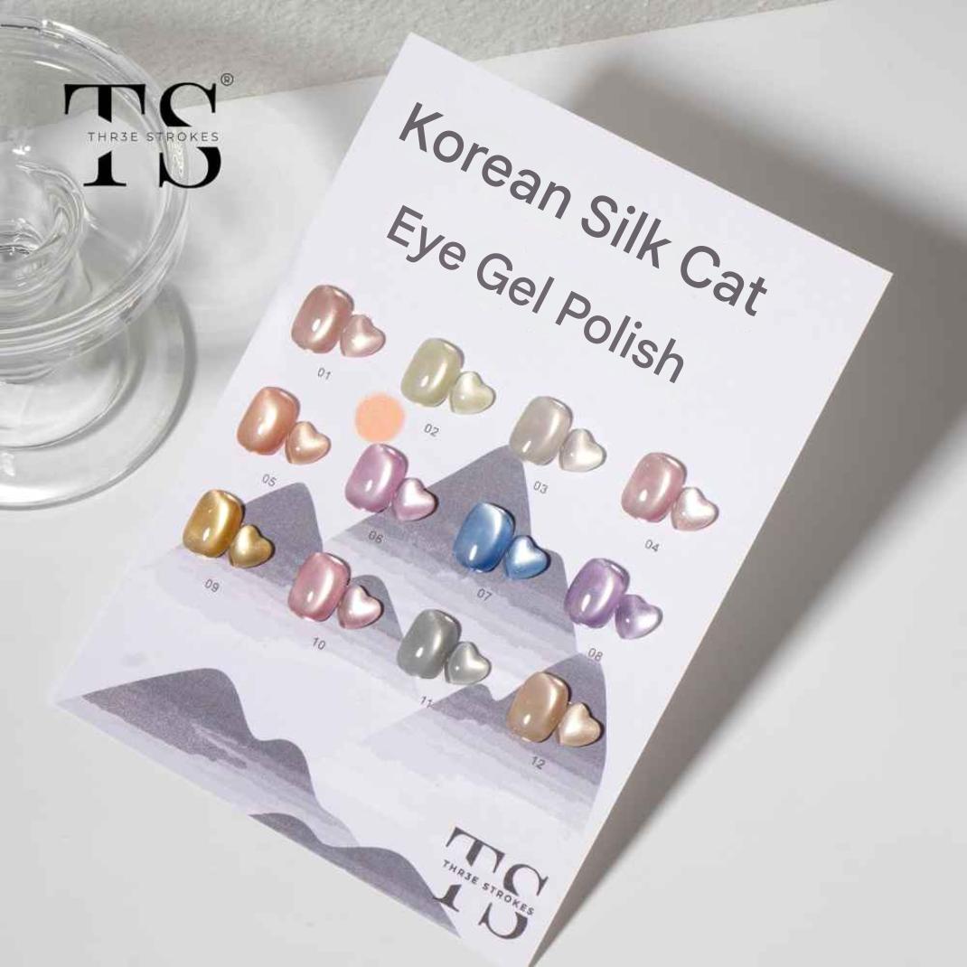 GV904 THR3E STROKES Korean Silk Cat Eye Gel Polish Set - 12 Colors (7.5ml) - Magnetic Velvet Shimmer Effect - UV/LED Soak Off Nail Art Manicure Kit (KS01-KS12) (KOREAN SILK)