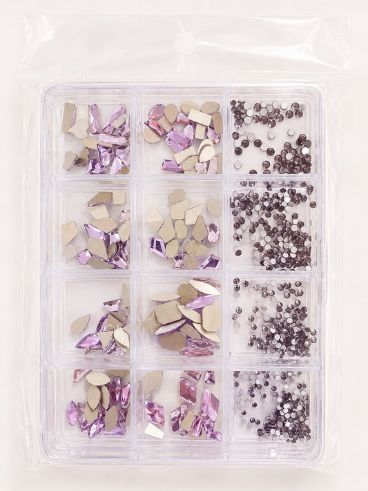 GV1149 Lavender Pink Assorted Nail Art Rhinestones & Crystal Charms – 12-Compartment Set